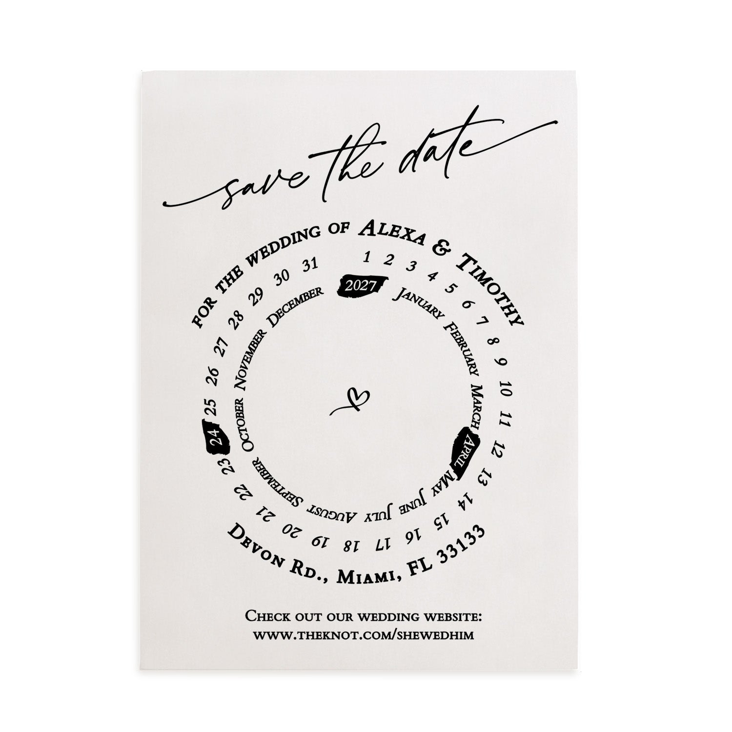 Translucent vellum Save the Date card printed in elegant black ink with circular calendar layout and minimalist heart detail – XOXOKristen