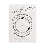 Translucent vellum Save the Date card printed in elegant black ink with circular calendar layout and minimalist heart detail – XOXOKristen