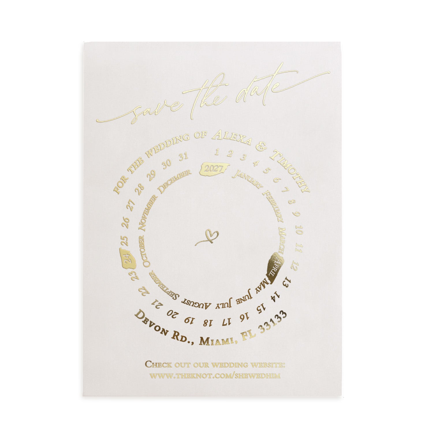 Modern vellum Save the Date card featuring gold foil circular calendar design and romantic script typography – XOXOKristen