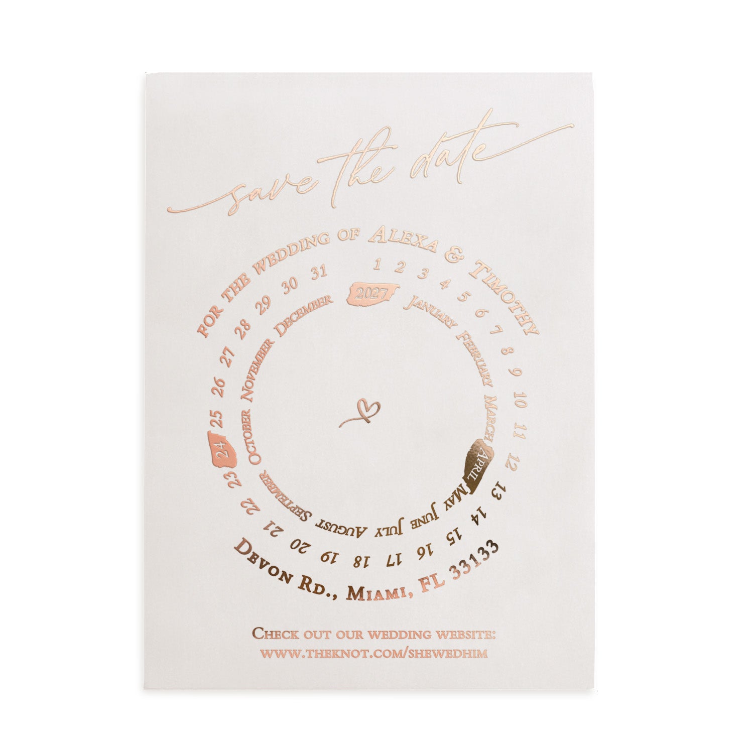 Transparent vellum Save the Date card with rose-gold foil accents and circular layout, styled on warm stone background with dried florals – XOXOKristen