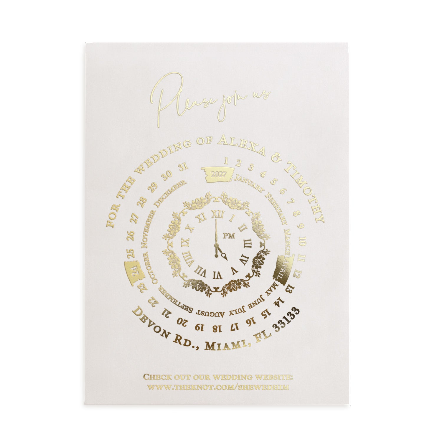 Translucent vellum wedding invitation printed in gold foil with circular clock design and modern script typography, placed in navy envelope – XOXOKristen