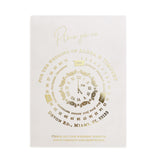 Translucent vellum wedding invitation printed in gold foil with circular clock design and modern script typography, placed in navy envelope – XOXOKristen