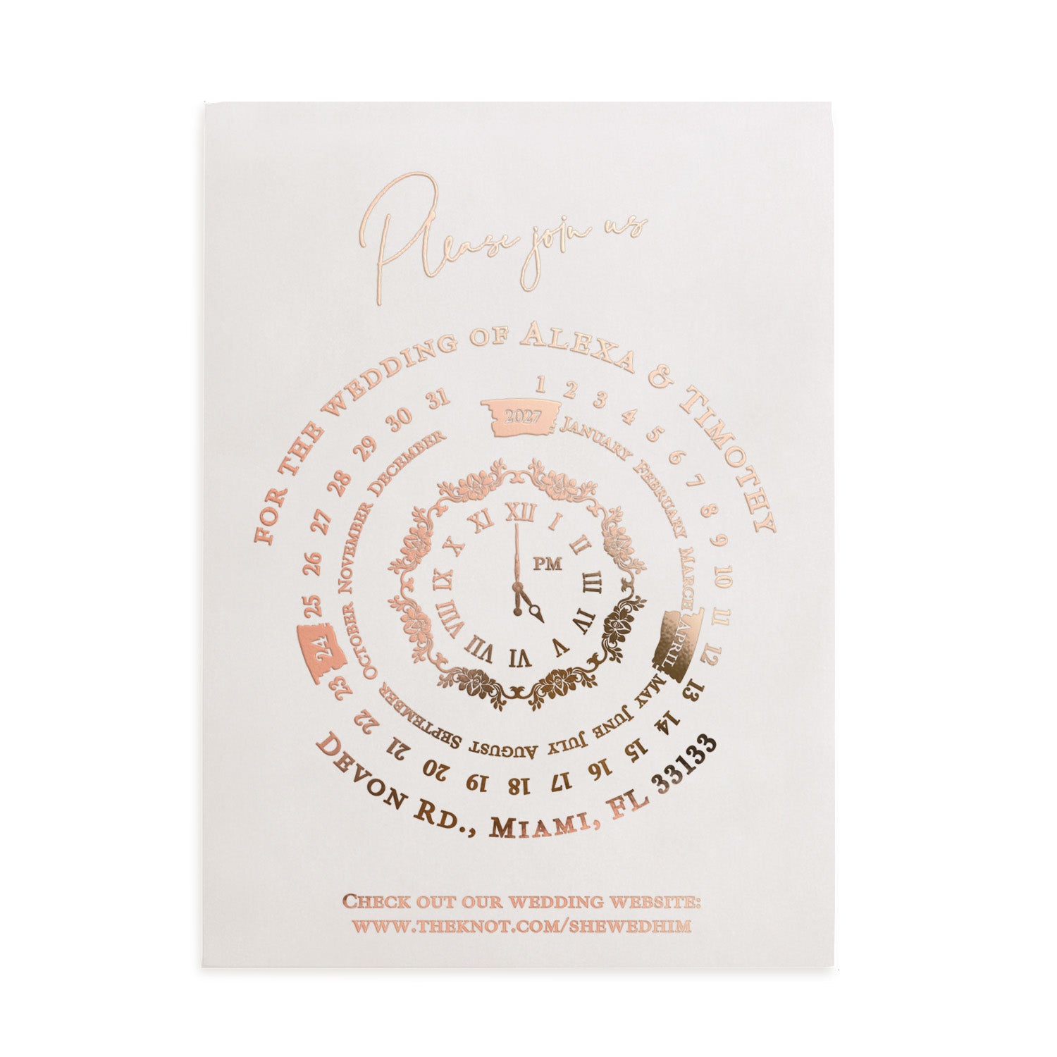 Frosted vellum wedding invitation with rose-gold foil and serif typography, highlighting a circular clock centerpiece – XOXOKristen