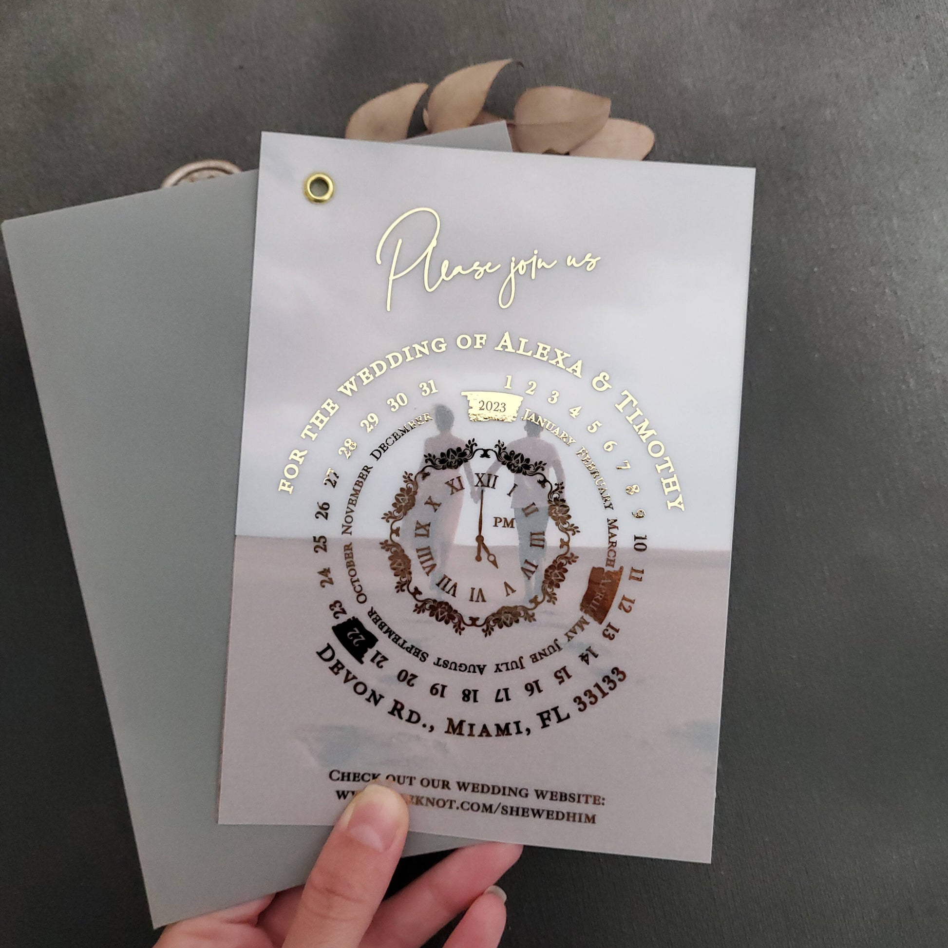 Wedding invitation cards printed on vellum, featuring a luxurious calendar design and customizable photo.