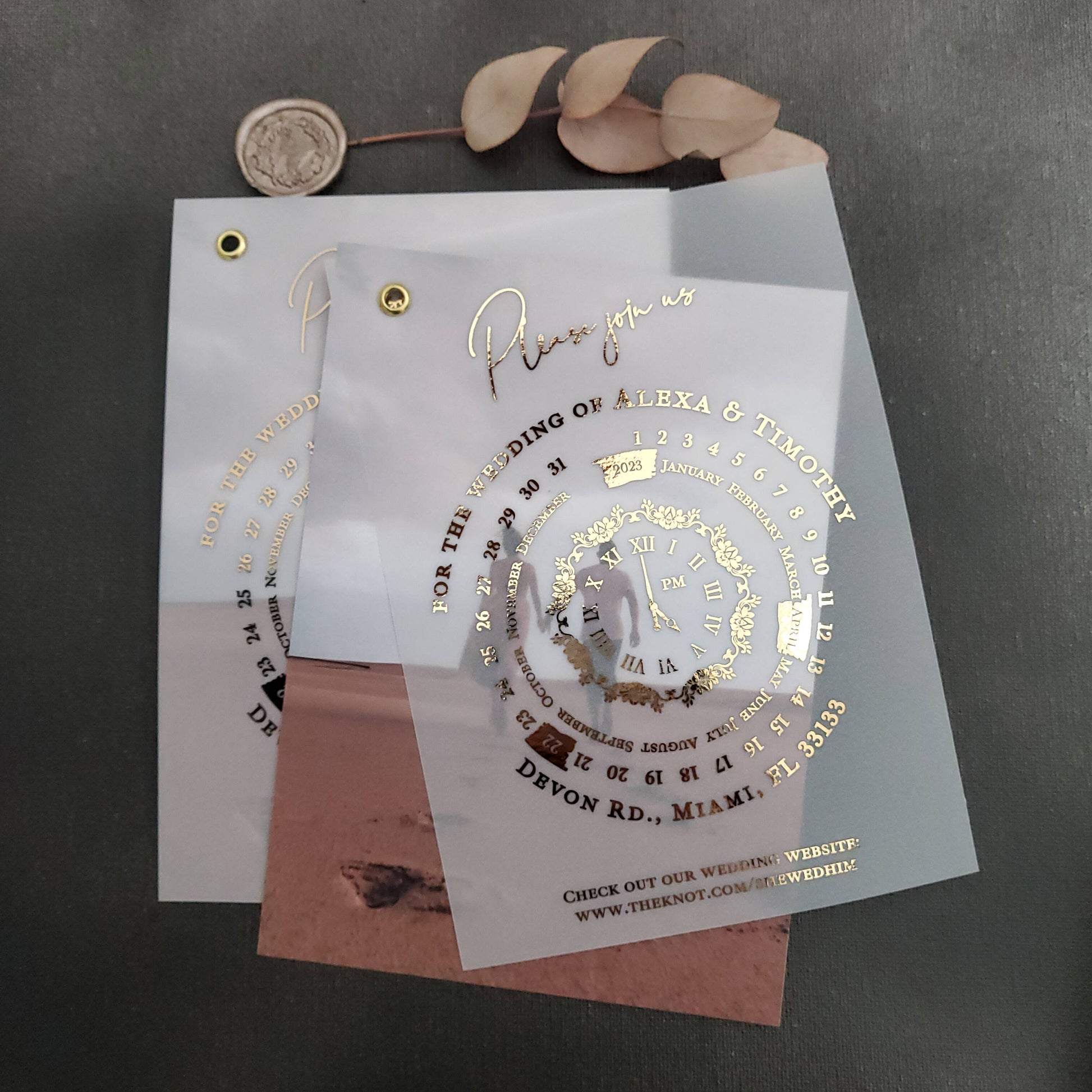 Wedding invitation cards printed on vellum, featuring a luxurious calendar design and customizable photo.