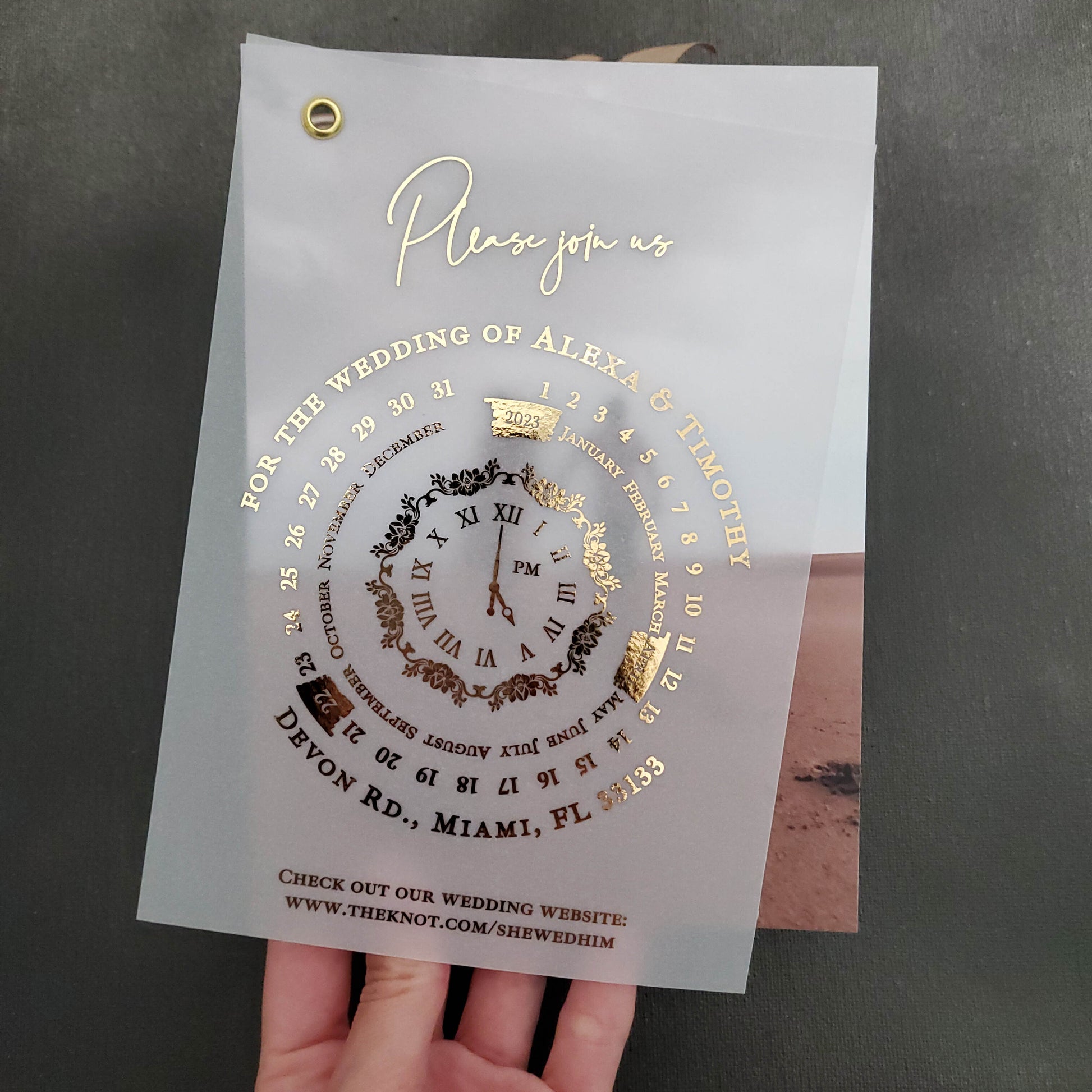 Wedding invitation cards printed on vellum, featuring a luxurious calendar design and customizable photo.