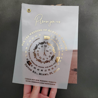 Wedding invitation cards printed on vellum, featuring a luxurious calendar design and customizable photo.