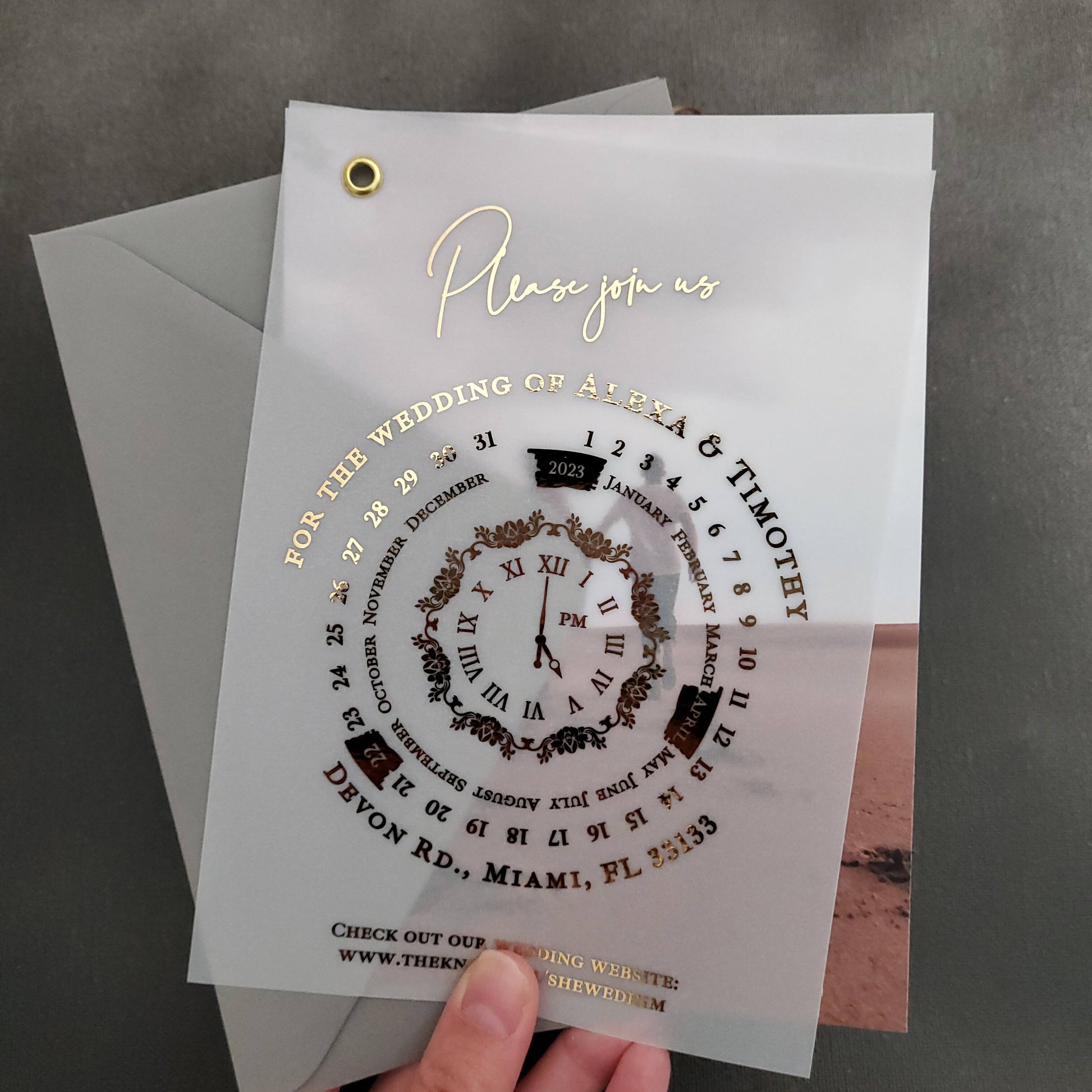 Wedding invitation cards printed on vellum, featuring a luxurious calendar design and customizable photo.