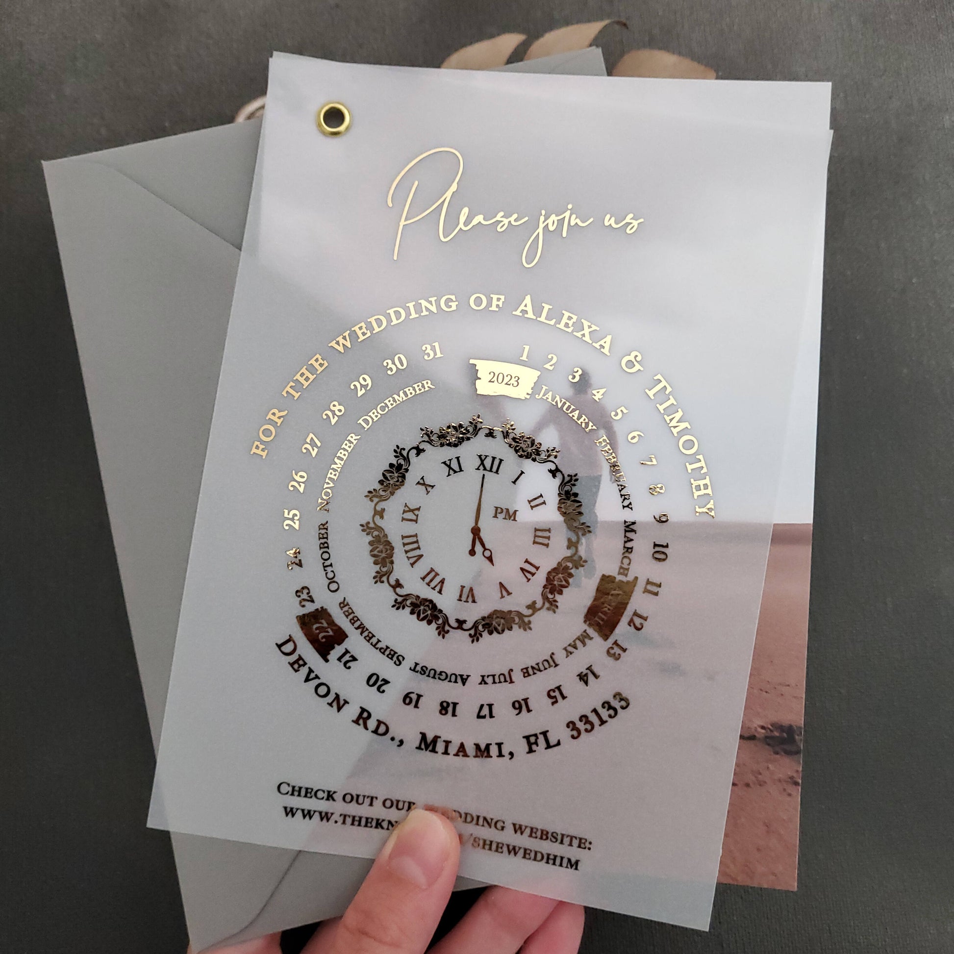 Wedding invitation cards printed on vellum, featuring a luxurious calendar design and customizable photo.