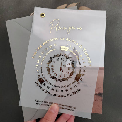 Wedding invitation cards printed on vellum, featuring a luxurious calendar design and customizable photo.