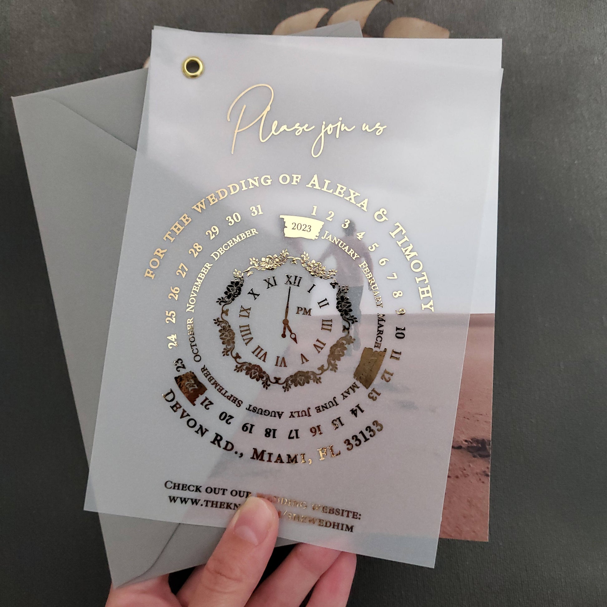 Wedding invitation cards printed on vellum, featuring a luxurious calendar design and customizable photo.
