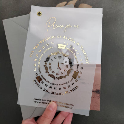 Wedding invitation cards printed on vellum, featuring a luxurious calendar design and customizable photo.