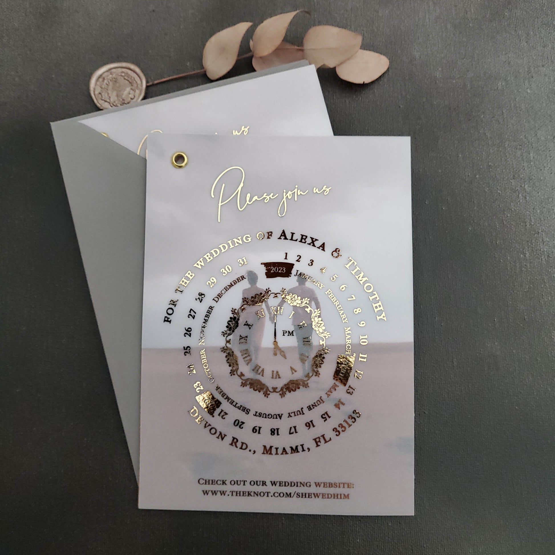 Wedding invitation cards printed on vellum, featuring a luxurious calendar design and customizable photo.