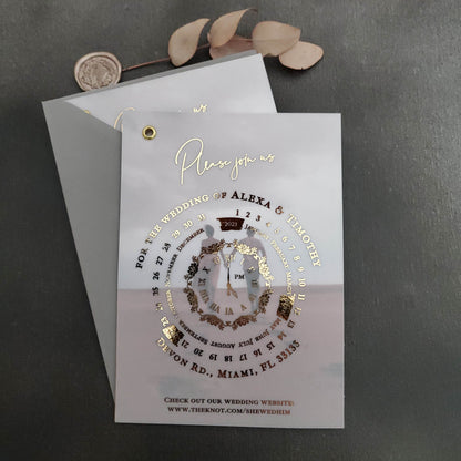Wedding invitation cards printed on vellum, featuring a luxurious calendar design and customizable photo.