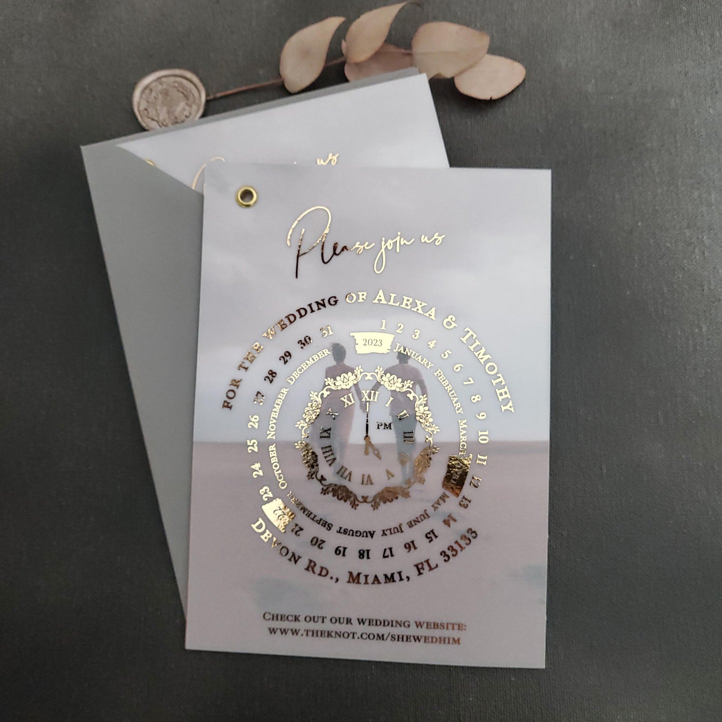 Wedding invitation cards printed on vellum, featuring a luxurious calendar design and customizable photo.