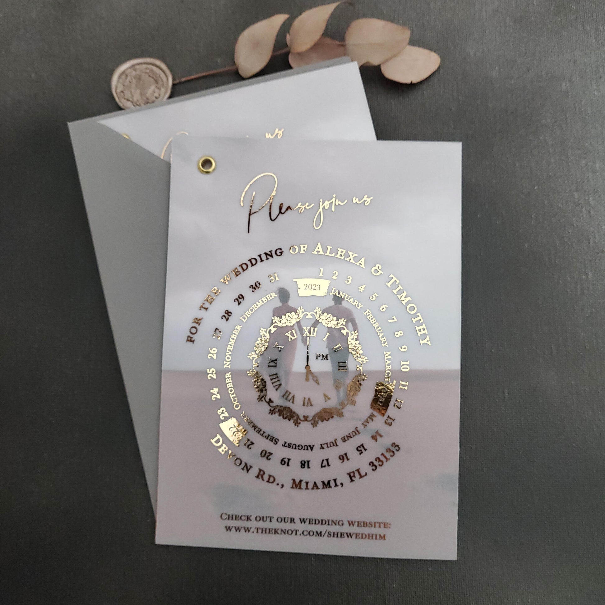 Wedding invitation cards printed on vellum, featuring a luxurious calendar design and customizable photo.