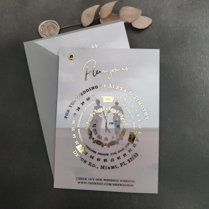 Wedding invitation cards printed on vellum, featuring a luxurious calendar design and customizable photo.