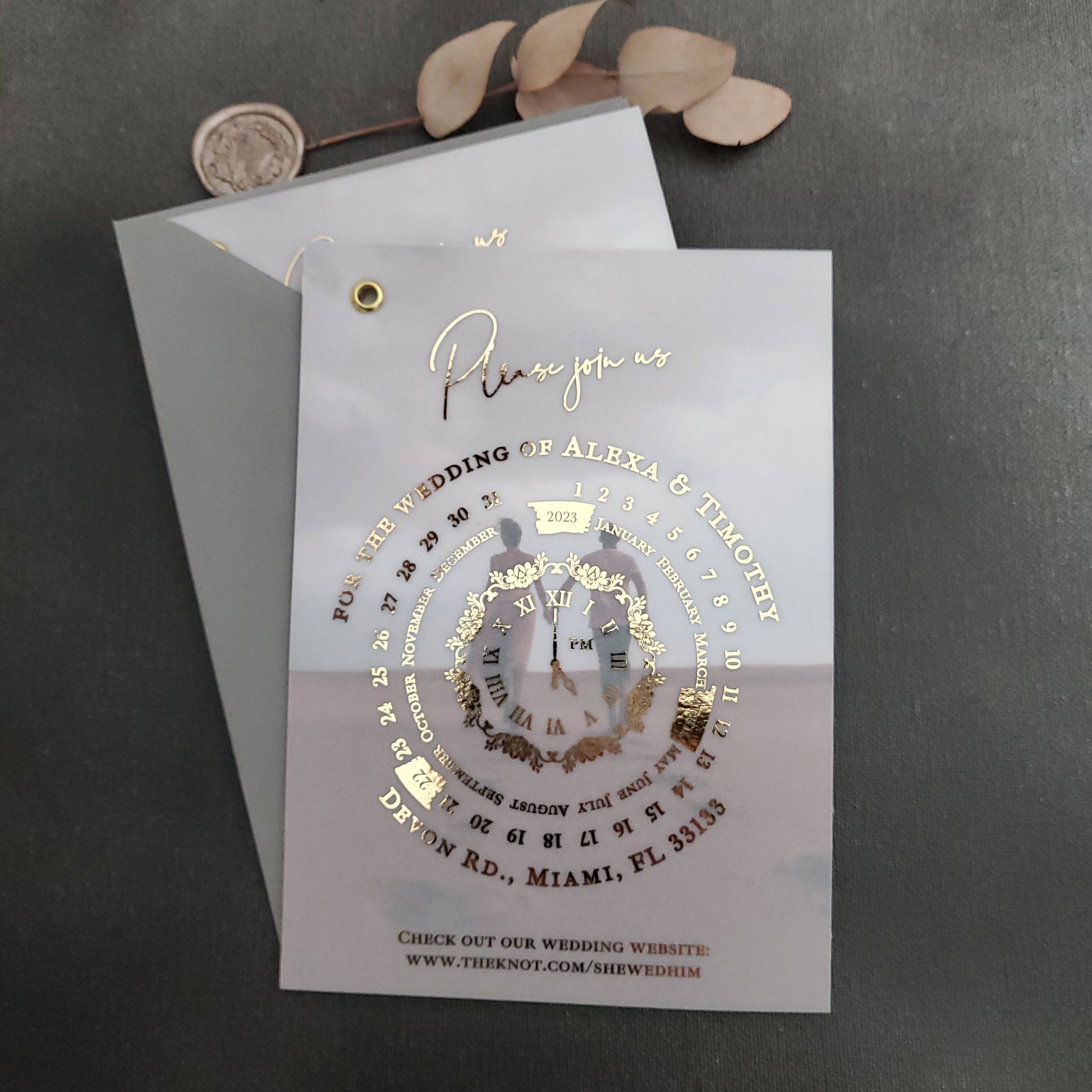 Wedding invitation cards printed on vellum, featuring a luxurious calendar design and customizable photo.
