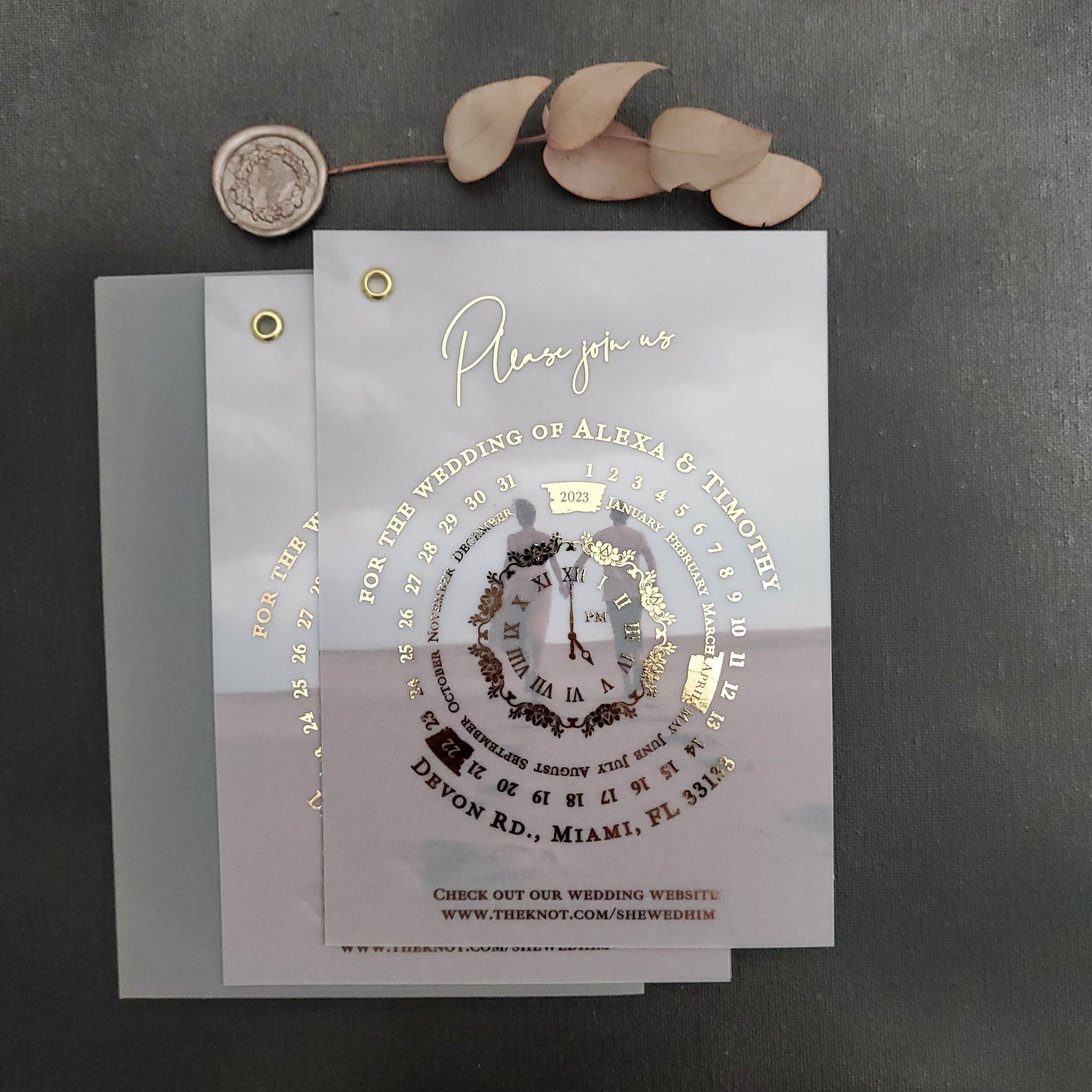 Wedding invitation cards printed on vellum, featuring a luxurious calendar design and customizable photo.