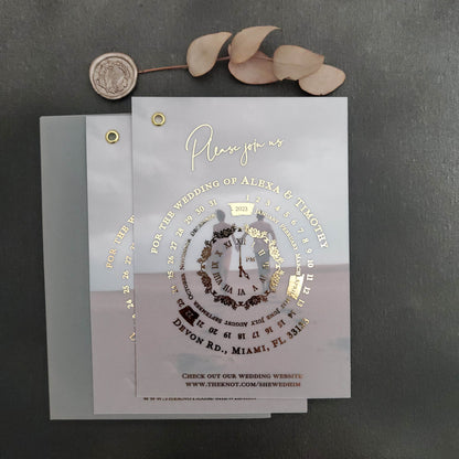 Wedding invitation cards printed on vellum, featuring a luxurious calendar design and customizable photo.