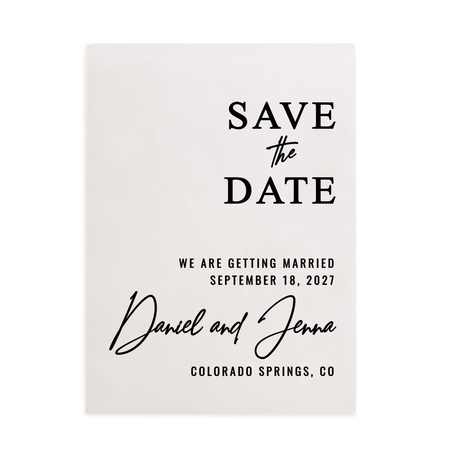 XOXOKristen personalized vellum Save the Date card printed in matte black ink with classic serif and cursive fonts on translucent vellum paper, minimalist wedding stationery – XOXOKristen.