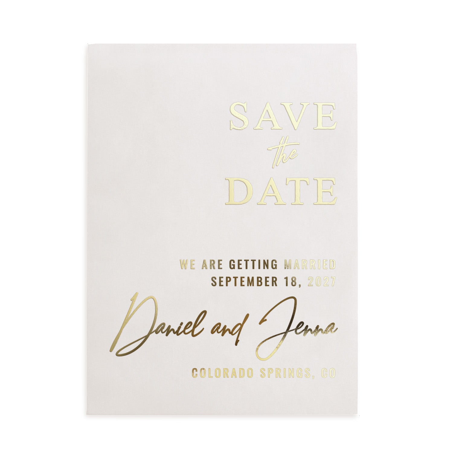 XOXOKristen custom Save the Date card printed in shiny gold foil on smooth vellum, showcasing elegant serif and calligraphy typography for modern minimalist weddings – XOXOKristen.