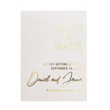 XOXOKristen custom Save the Date card printed in shiny gold foil on smooth vellum, showcasing elegant serif and calligraphy typography for modern minimalist weddings – XOXOKristen.