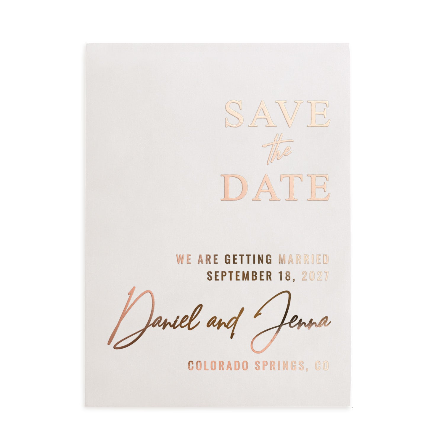 XOXOKristen personalized vellum Save the Date card with rose gold foil print, combining script and serif fonts for a clean luxurious design perfect for elegant weddings – XOXOKristen.