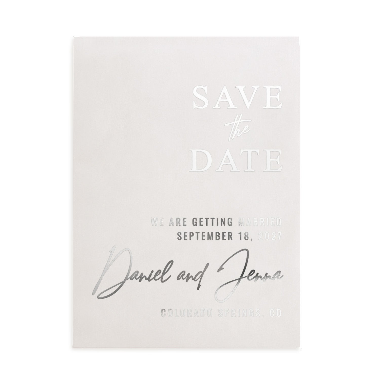 XOXOKristen minimalist Save the Date card printed in silver foil on translucent vellum paper, featuring refined typography for a timeless wedding style – XOXOKristen.
