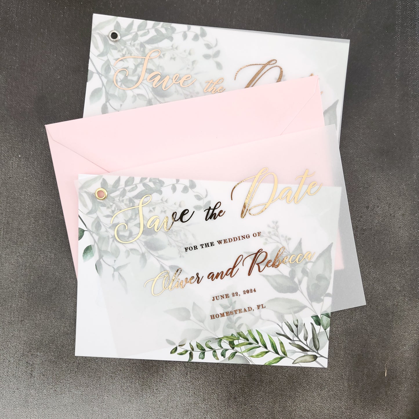 gold foiled vellum save the date card with greenery floral card - XOXOKristen