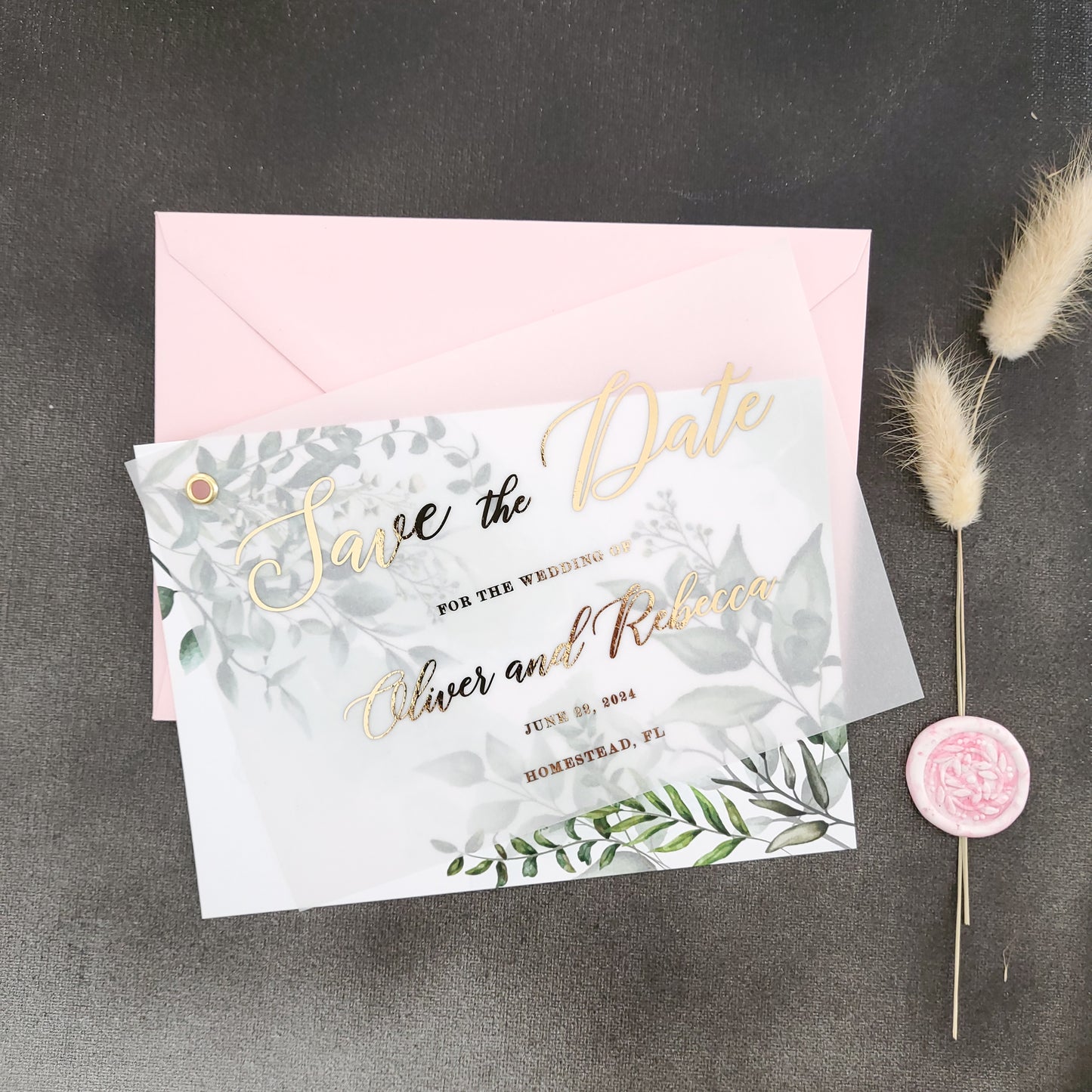 gold foiled vellum save the date card with greenery floral card - XOXOKristen