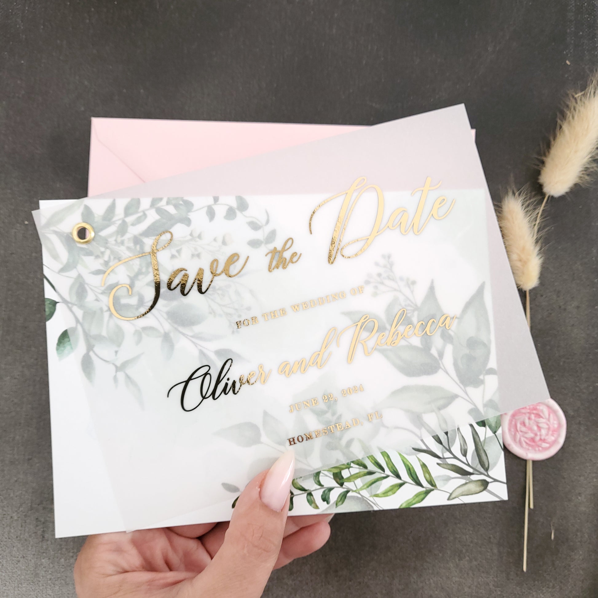 gold foiled vellum save the date card with greenery floral card - XOXOKristen