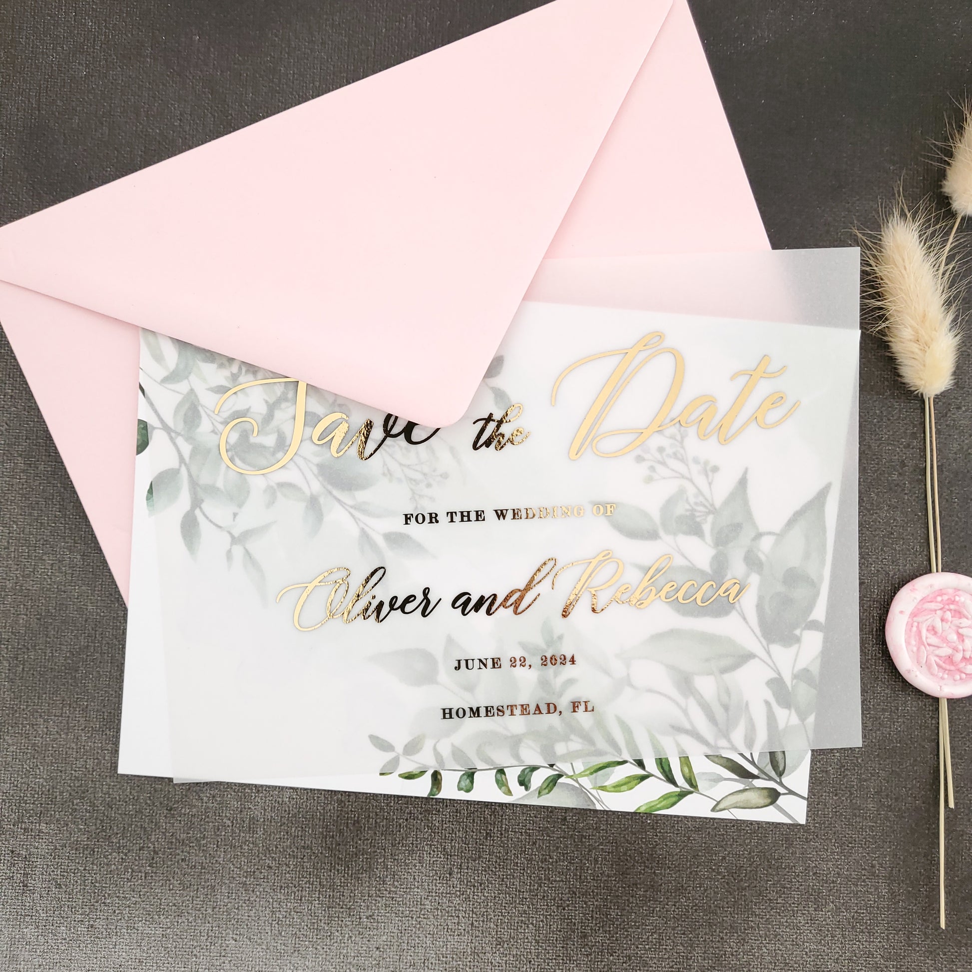 gold foiled vellum save the date card with greenery floral card - XOXOKristen