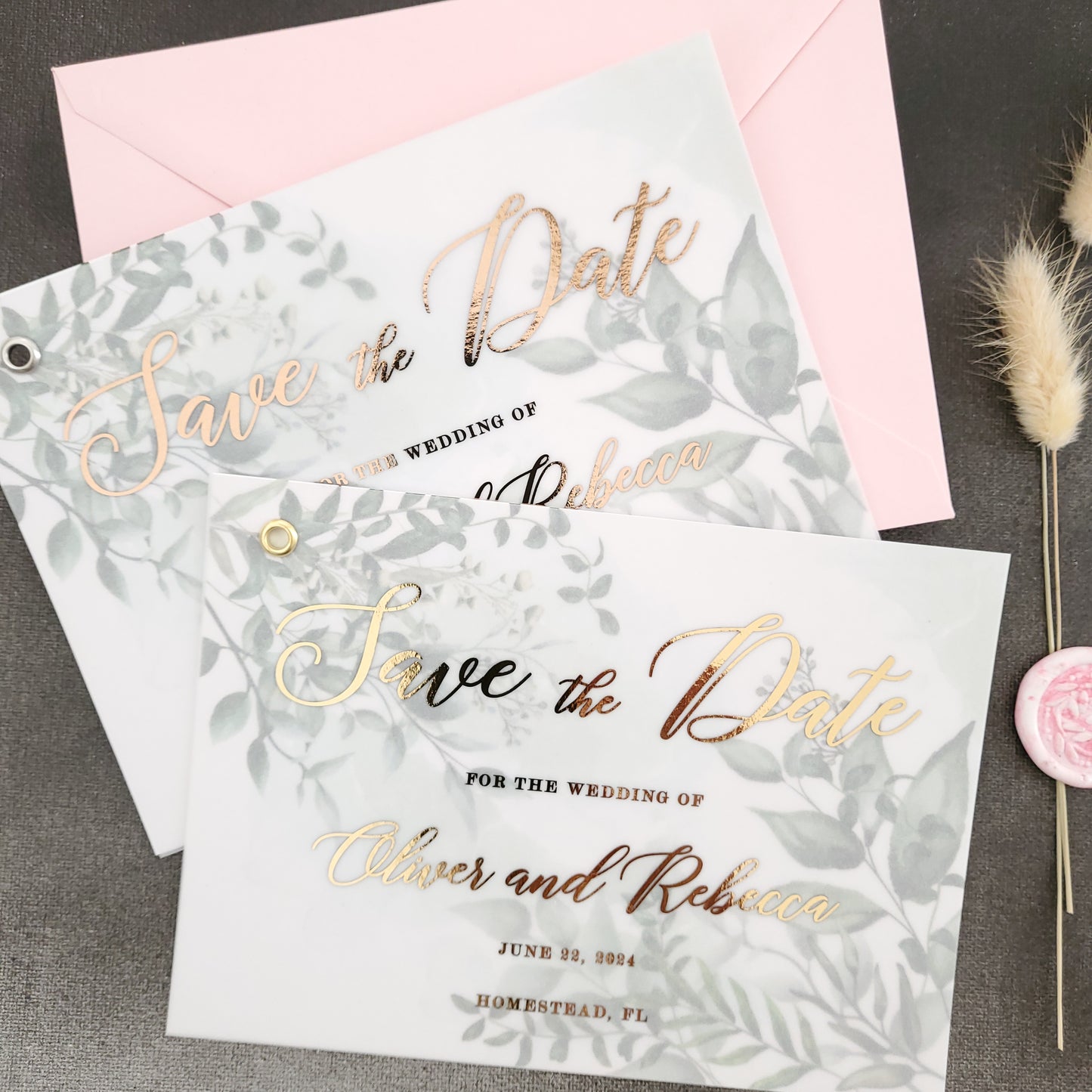 gold foiled vellum save the date card with greenery floral card - XOXOKristen