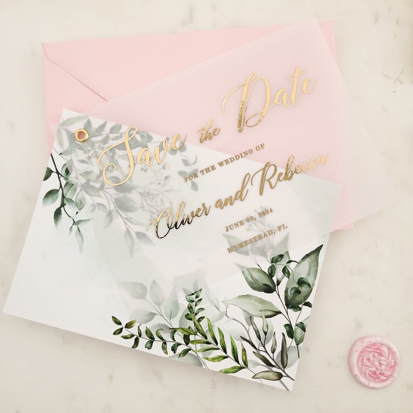 gold foiled vellum save the date card with greenery floral card - XOXOKristen
