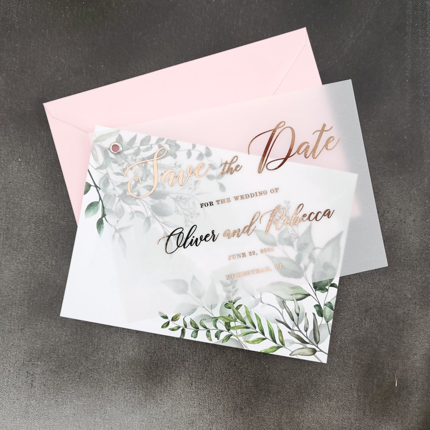 gold foiled vellum save the date card with greenery floral card - XOXOKristen