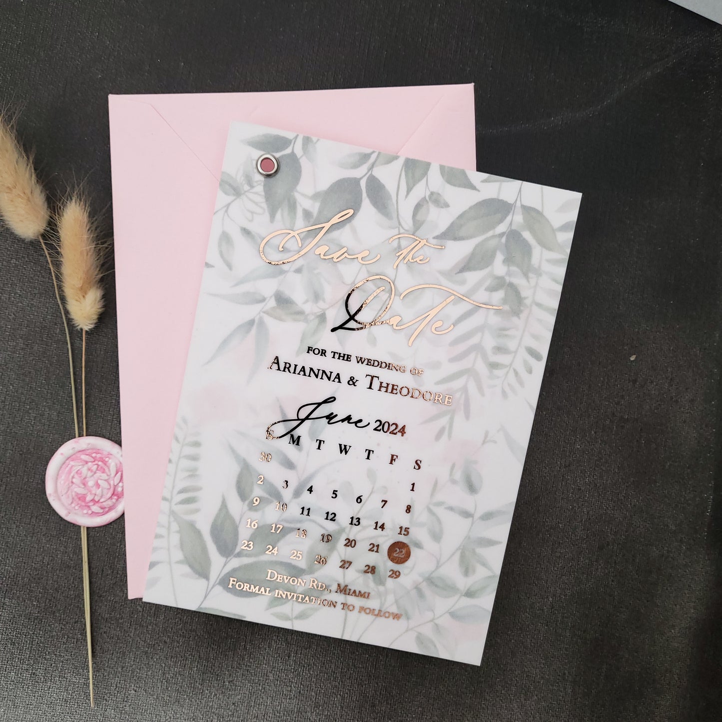 Greenery Vellum Save the Date with Calendar