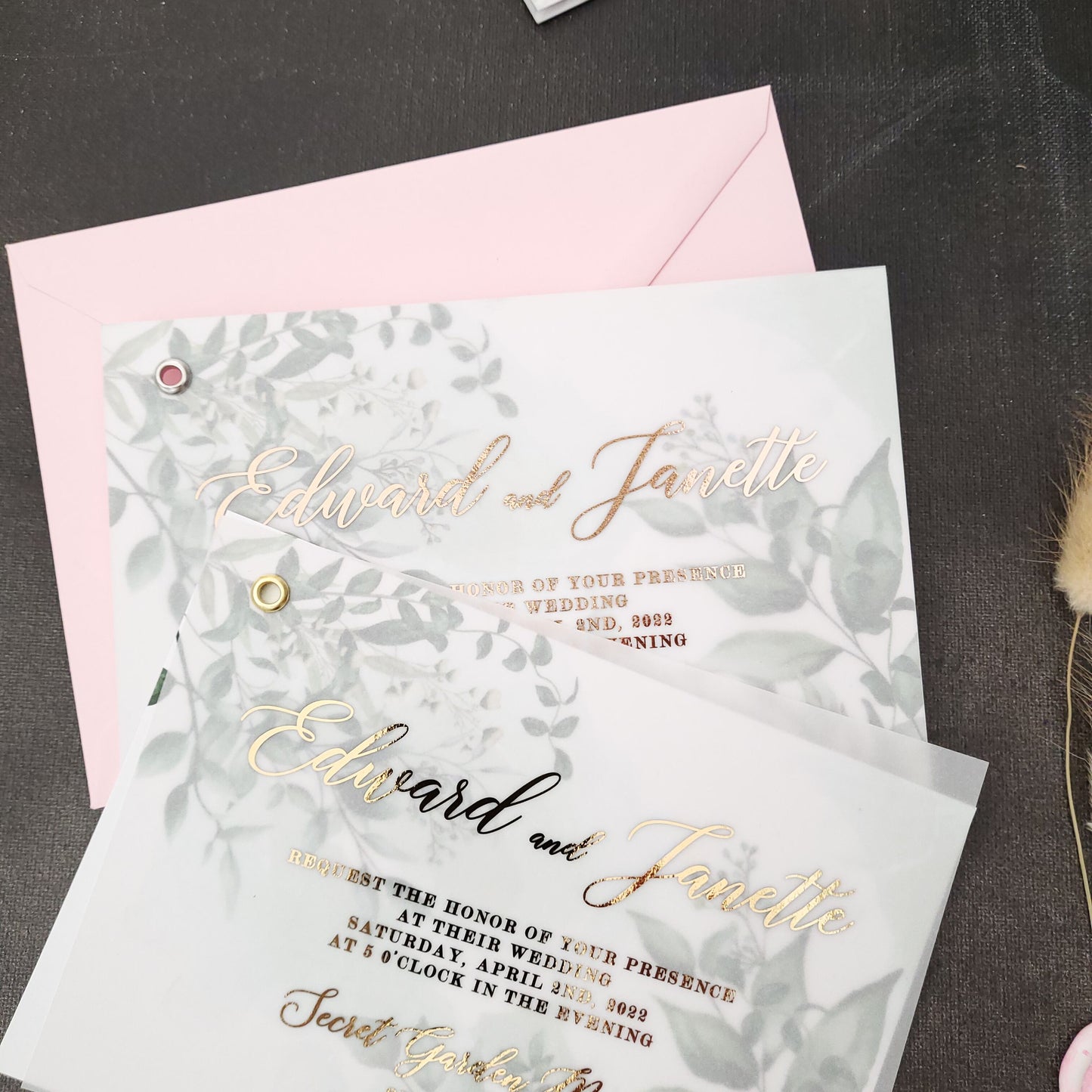 Vellum Wedding Invitation with Gold Foil Print - Elegant and Luxurious Design with Greenery Accents