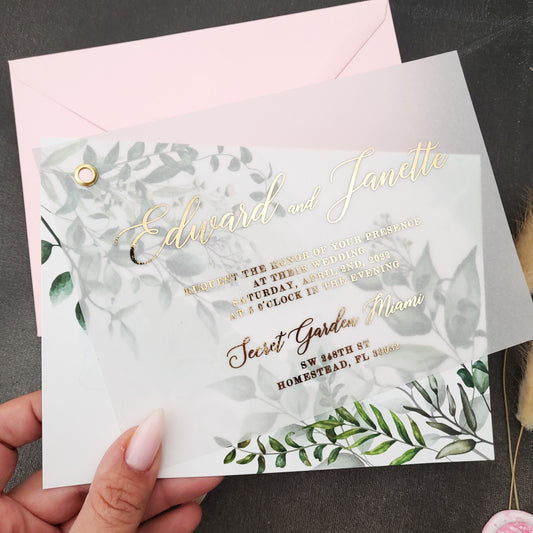 Vellum Wedding Invitation with Gold Foil Print - Elegant and Luxurious Design with Greenery Accents