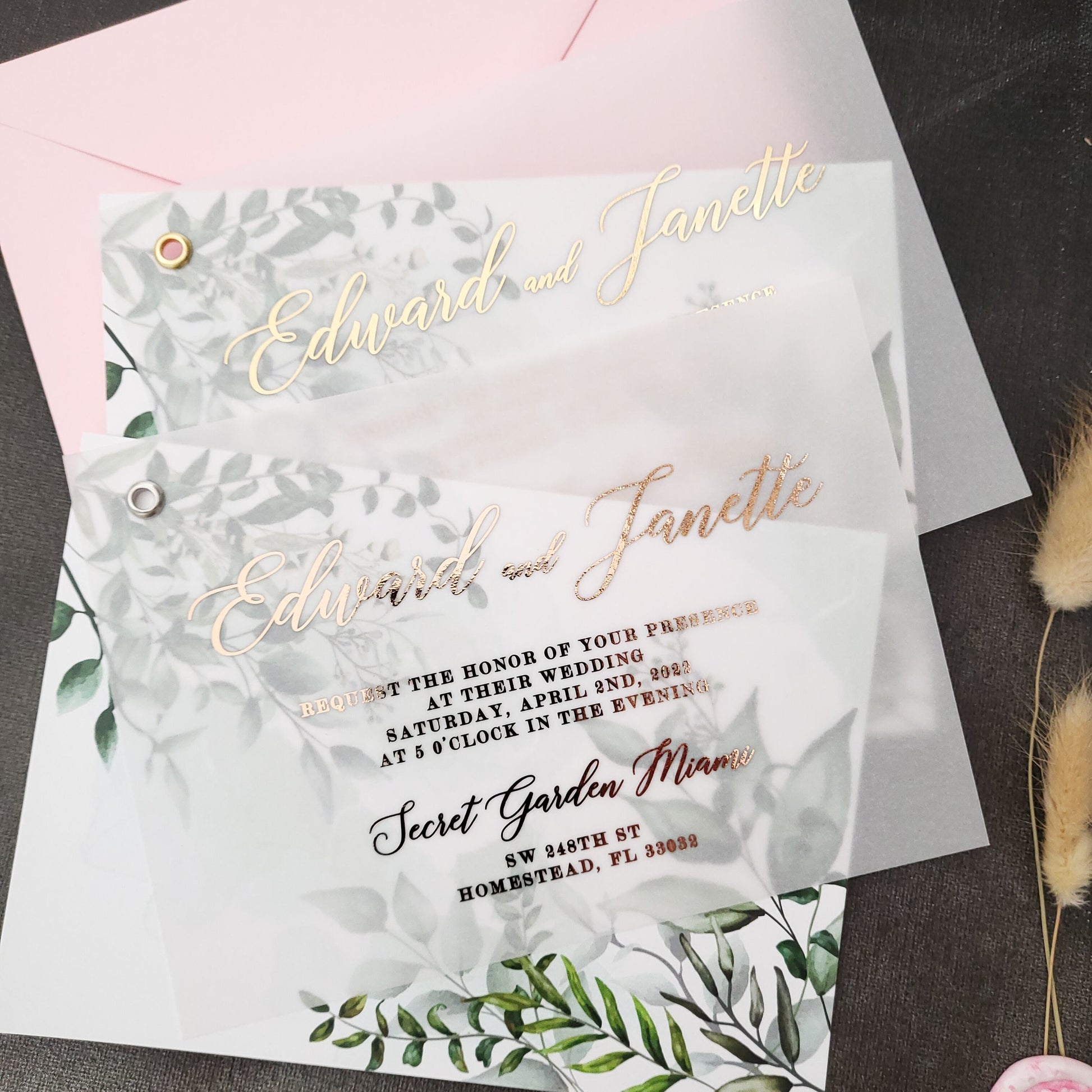 Vellum Wedding Invitation with Gold Foil Print - Elegant and Luxurious Design with Greenery Accents