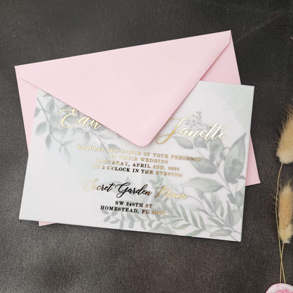 Vellum Wedding Invitation with Gold Foil Print - Elegant and Luxurious Design with Greenery Accents