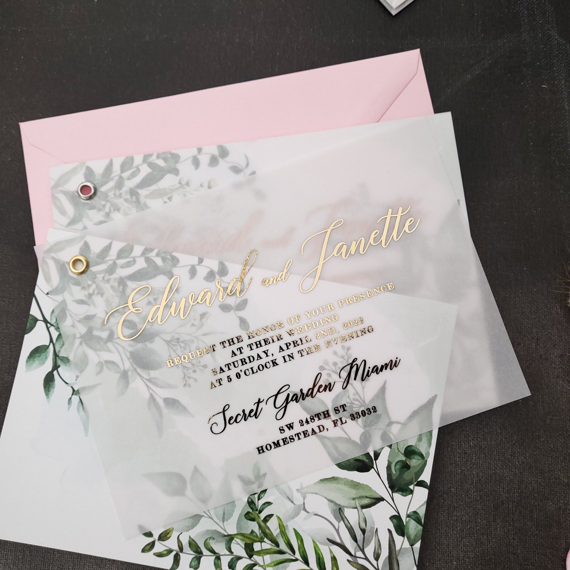 Vellum Wedding Invitation with Gold Foil Print - Elegant and Luxurious Design with Greenery Accents