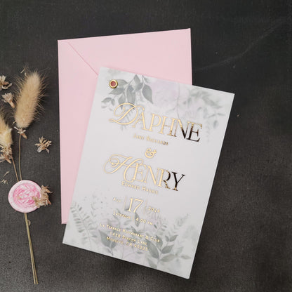 vellum wedding invitations with greenery design and gold foiled tex print