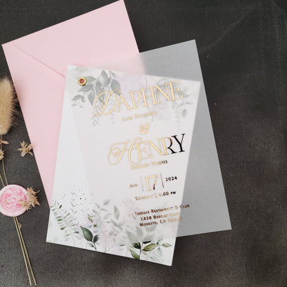 vellum wedding invitations with greenery design and gold foiled tex print