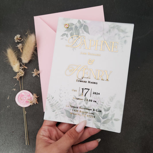 vellum wedding invitations with greenery design and gold foiled tex print