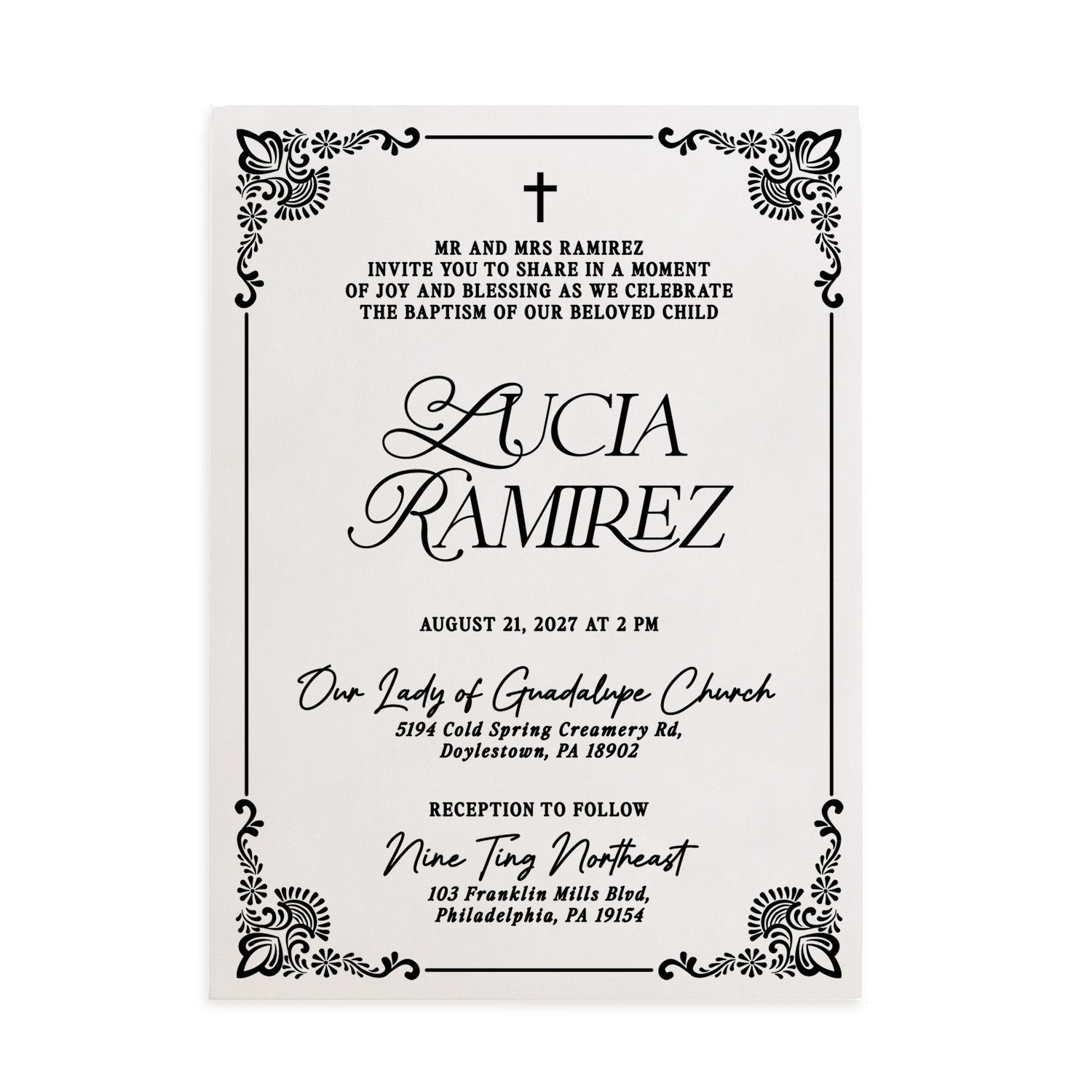 Elegant vellum baptism invitation featuring classic black print with ornate corner detailing and cross symbol, ideal for christening or baptism ceremonies. A timeless religious design for a memorable celebration – XOXOKristen