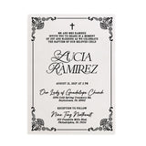 Elegant vellum baptism invitation featuring classic black print with ornate corner detailing and cross symbol, ideal for christening or baptism ceremonies. A timeless religious design for a memorable celebration – XOXOKristen