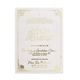 Gold foil vellum baptism invitation with intricate corner patterns and cross accent, beautifully printed for a luxurious christening or baptism event – XOXOKristen