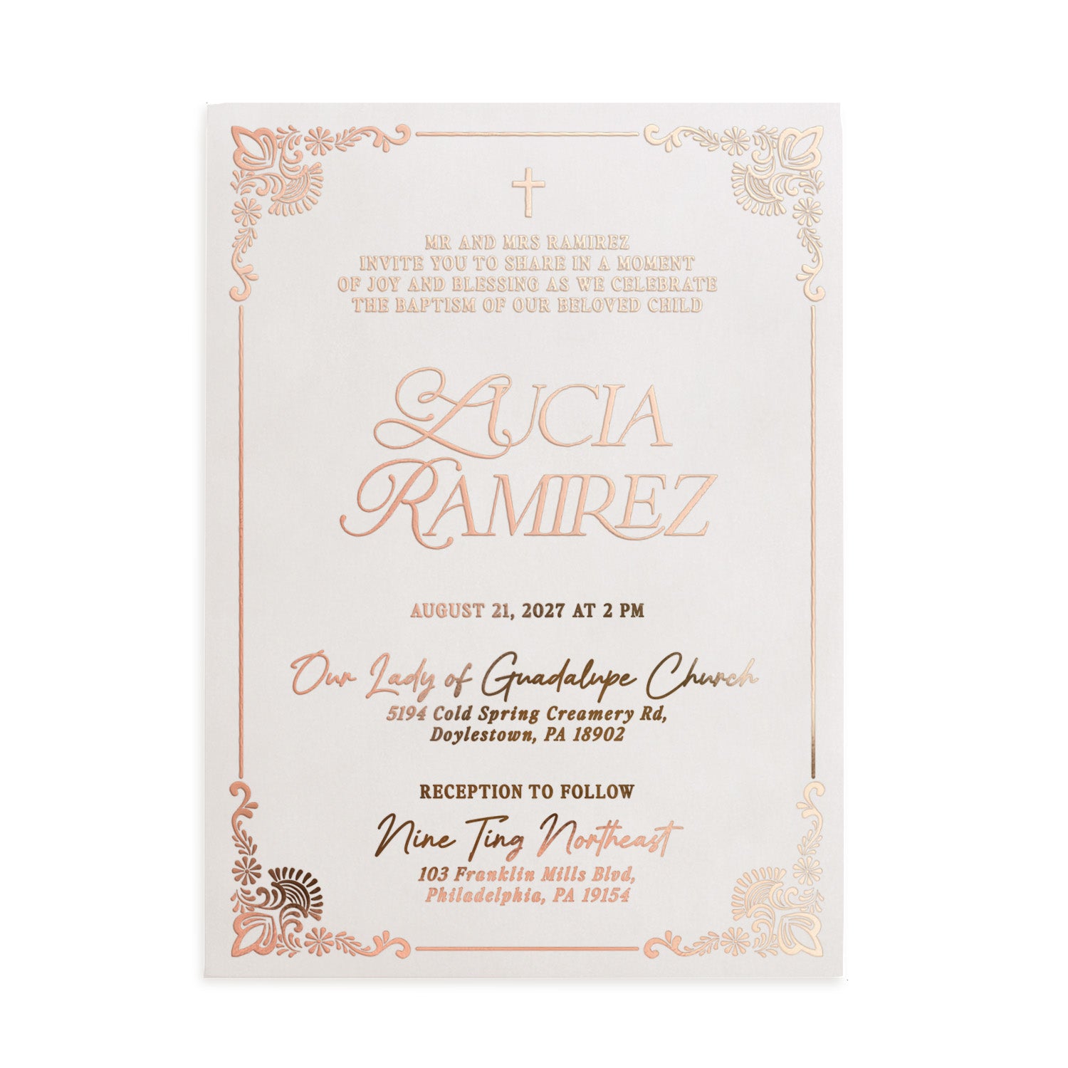 White vellum baptism invitation in rose gold and gold foil mix, ideal for both baby girl and boy christenings, timeless keepsake for a religious milestone – XOXOKristen
