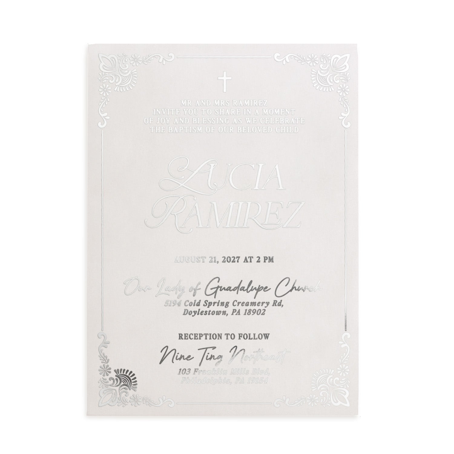 Silver foil vellum baptism invitation with refined typography and subtle border details, symbolizing purity and faith, perfect for modern ceremonies – XOXOKristen